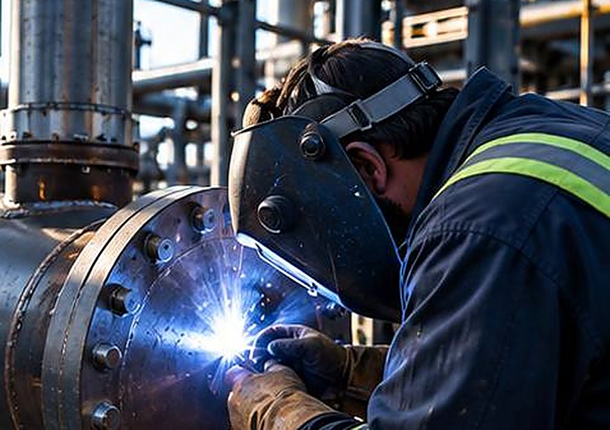 Field welder joining a fabricated pipe spool in a process unit