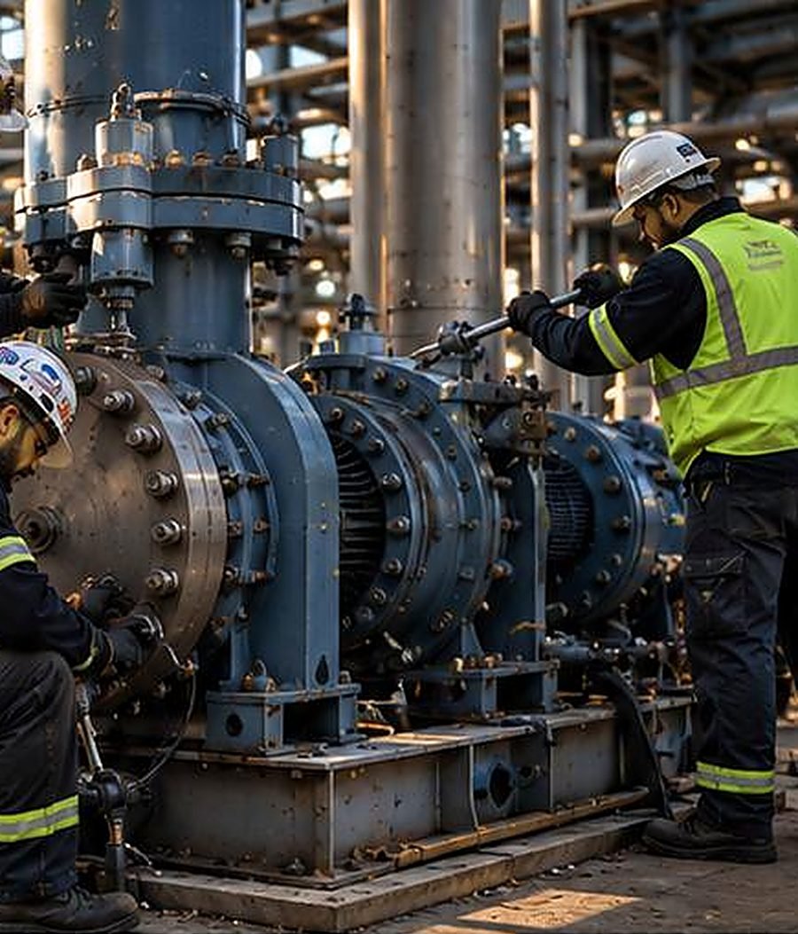 Millwrights servicing process pumps inside an operating industrial facility