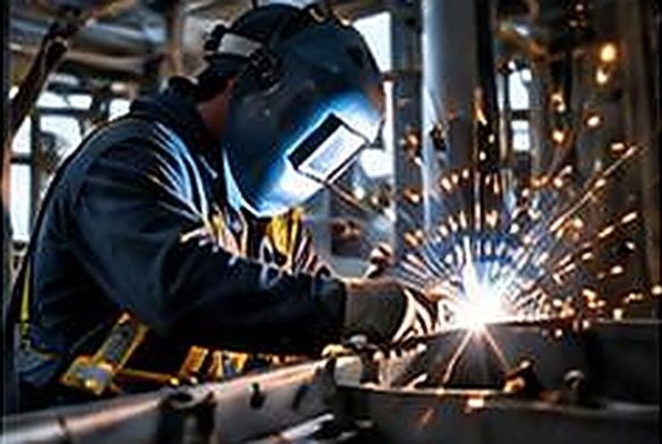 Welder making a field weld on a large process pipe flange